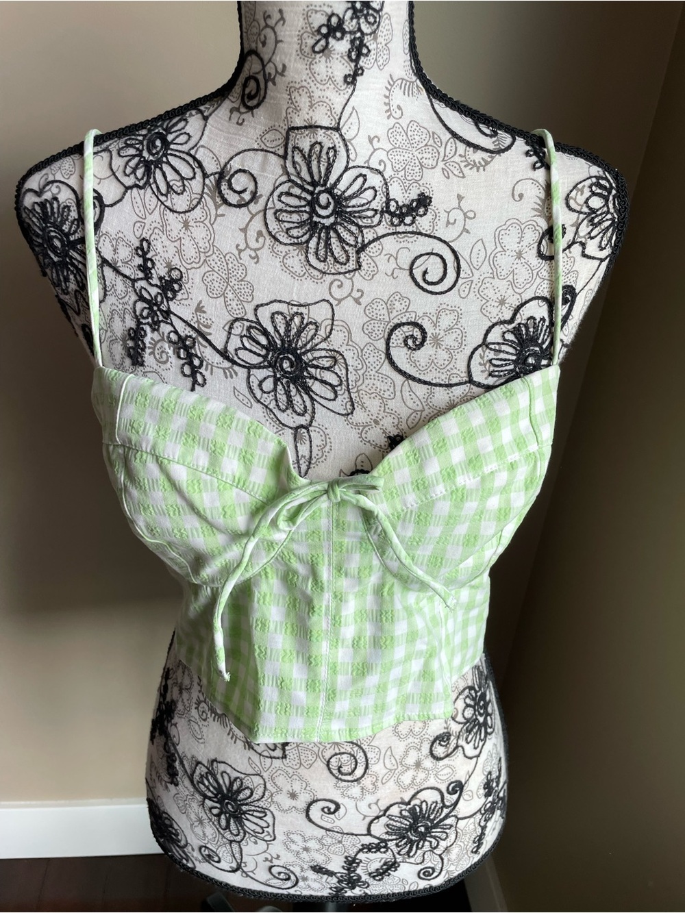 Divided Light Green Gingham Tie-Front, Tie-Back Spaghetti Strap Crop Top Large